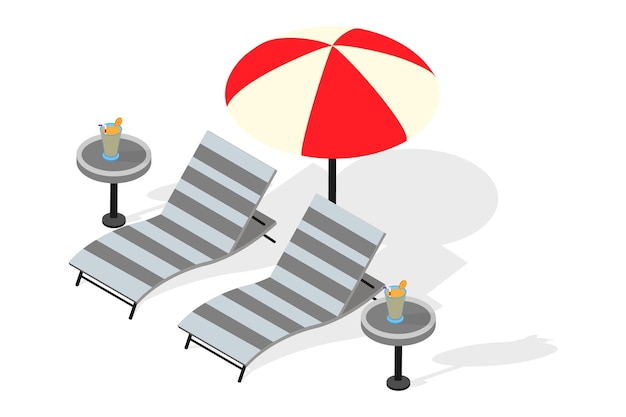 Een strandlounge stoelen met een rode parasol en een drankje op tafel