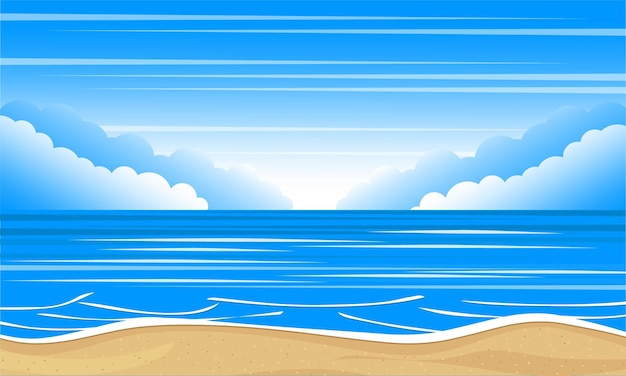 Een strandscène met een blauwe lucht en wolken oceaan of zee landschap vector illustratie