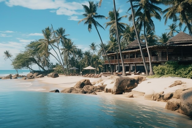 een strandscène met een gebouw en palmbomen