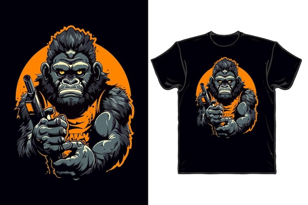 Vector een stripfiguur van een gorilla met een pistool-t-shirtontwerp