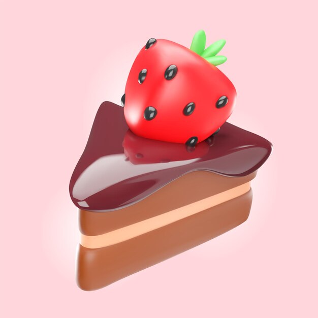 Een stuk chocoladetaart met aardbeien 3D-vectorillustratie van een fluitje van een cent