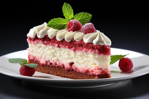 Vector een stuk nobake verse frambozencheesecake met rode en zwarte frambozen en melissa summer cak