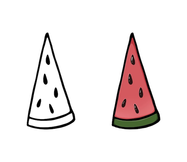 Een stuk rijpe sappige watermeloen met stenen bessenoogst doodle lineaire cartoon kleuren