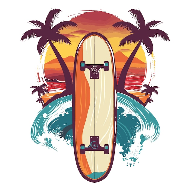Een surfplank met een palmboom op de achtergrond