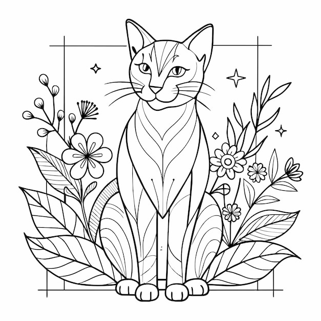 Vector een symmetrische kat met een bloempatroon en een foto van bloemen