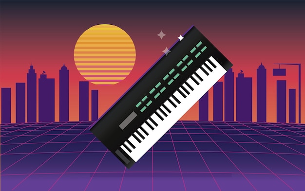 Vector een synthesizer uit de jaren 80 voor een neonstad