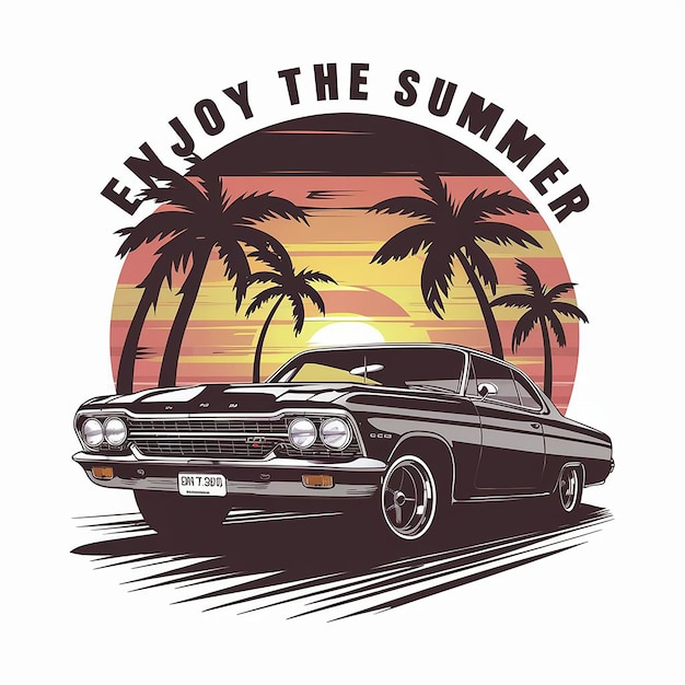 een t-shirtontwerp van een auto die in de schemering op het strand rijdt met een achtergrond van een zonsondergang Enjoy The Summ