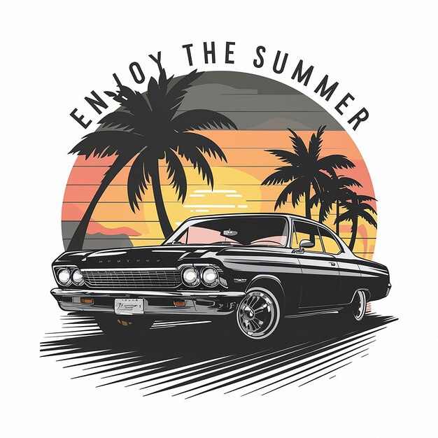 een t-shirtontwerp van een auto die in de schemering op het strand rijdt met een achtergrond van een zonsondergang Enjoy The Summ