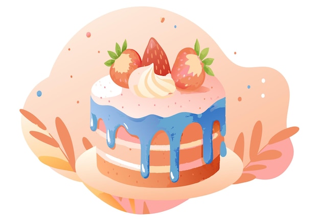 Vector een taart met blauwe glazuur en aardbeien erop.