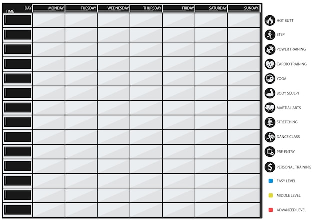 Een tabel voor planning in fitness- en sportclubs met pictogrammen voor training en moeilijkheidsgraden