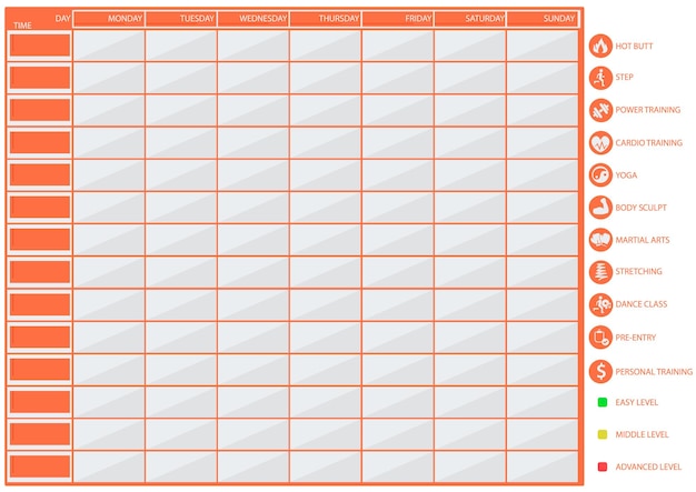 Een tabel voor planning in fitness- en sportclubs met pictogrammen voor training en moeilijkheidsgraden