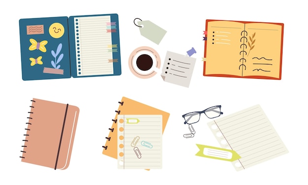 Vector een tafel met een stapel notitieboekjes, een kop koffie en een bril.