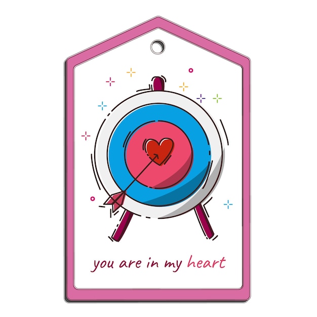 Een tag met een doelwit en een exacte treffer in het hart, evenals een liefdesverklaring.