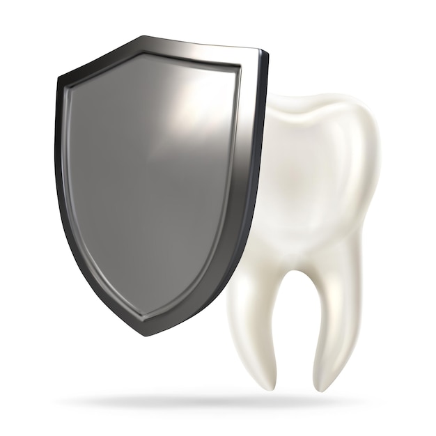 Een tand schild concept van een glanzende witte tand die wordt beschermd door een schild icoon