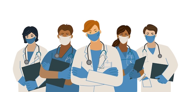 Een team van artsen die maskers en stethoscopen dragen op een witte achtergrond Een epidemie