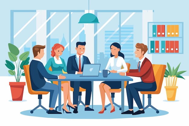 Een team van professionals bespreekt in een moderne kantooromgeving AI gegenereerd
