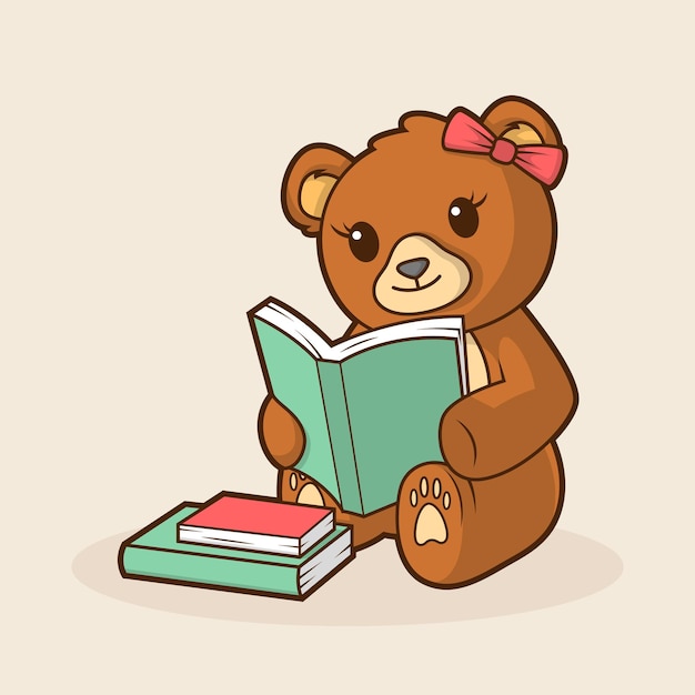een teddybeer die een boek leest met een roze boog