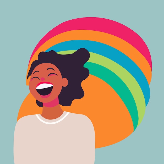 Een tekenfilm van een vrouw met een regenboog achter haar met woorden werelddag van het lachen