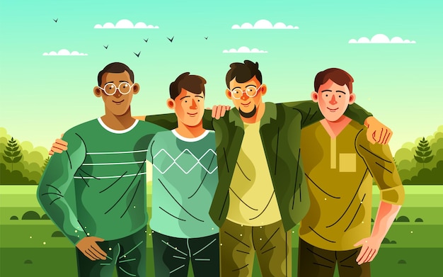 Een tekenfilm van vier mannen waarvan de een een groene trui draagt en de ander een groene trui.