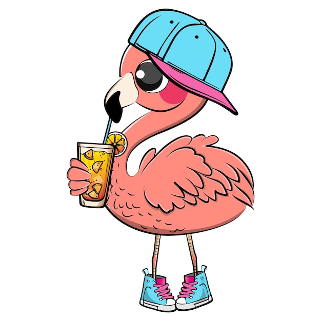 Een tekenfilmflamingo met een blauwe dop en een blauwe dop drinkt een glas jus d'orange.