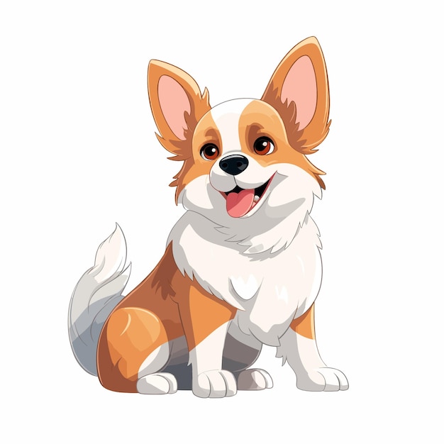 Vector een tekenfilmhond met een wit gezicht en een rode corgi-staart.