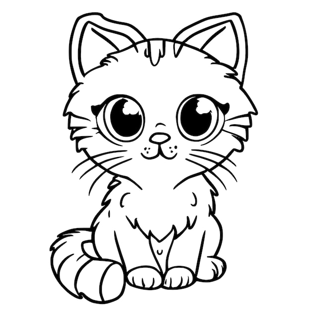 Een tekenfilmkat met grote ogen zit in een zwart-wit tekening Kitten Coloring Pages