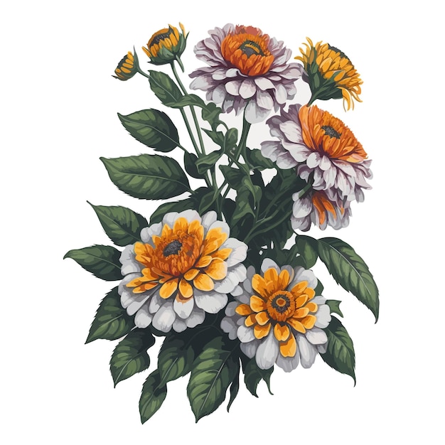 een tekening van bloemen met oranje en witte bloemen