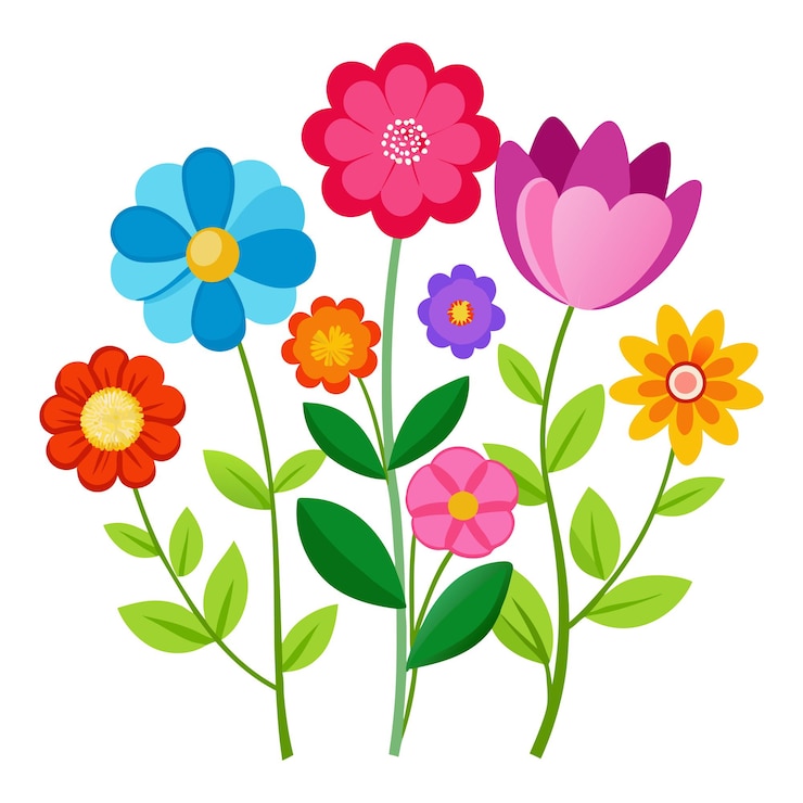 Vector een tekening van bloemen met verschillende kleuren en kleuren