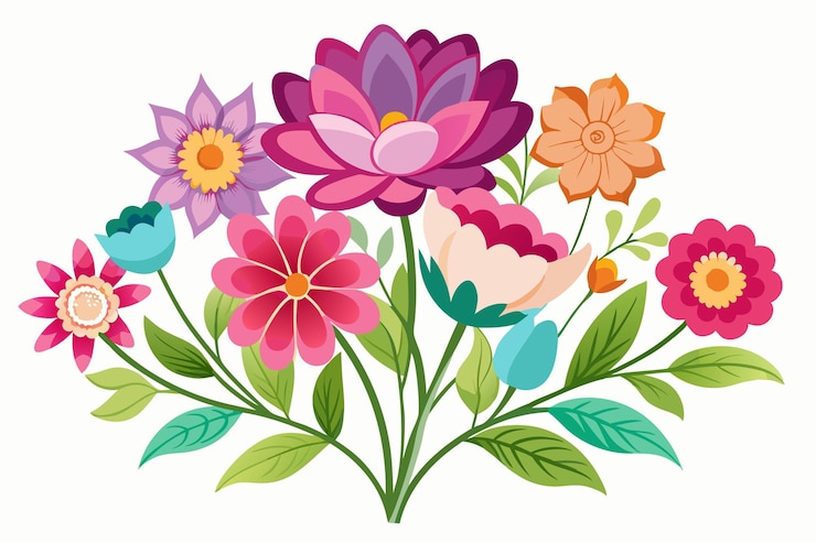Vector een tekening van bloemen met verschillende kleuren en kleuren