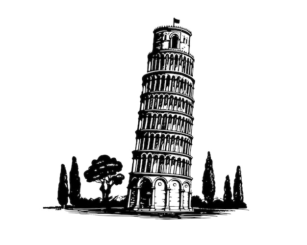 Een tekening van de scheve toren van Pisa.