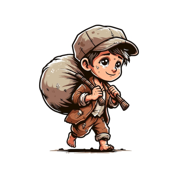 een tekening van een arme bedelaar jongen die een grote tas rugzak draagt