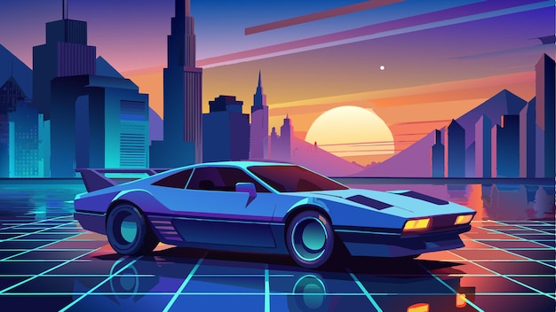 een tekening van een auto met de stad op de achtergrond