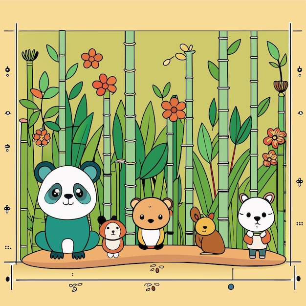 Vector een tekening van een bamboe met pandas en bloemen