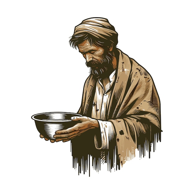een tekening van een bedelaar die een schaal water vasthoudt een arme man die met een tas staat