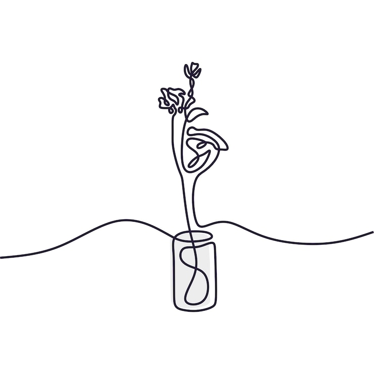 Vector een tekening van een bloem in een glas met een blauwe lijn