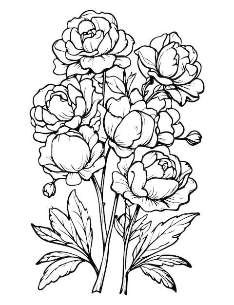 Een tekening van een bos bloemen met bladeren op een witte achtergrond kleurpagina