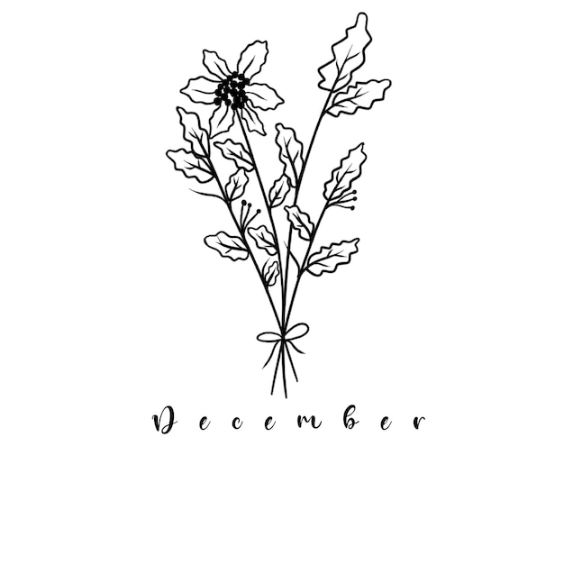 Vector een tekening van een bos bloemen waarop december staat.