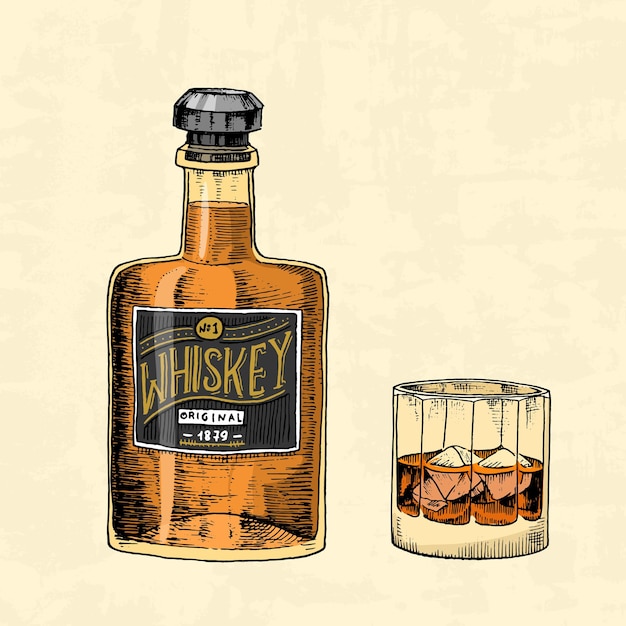 Vector een tekening van een fles whisky en een glas whisky.