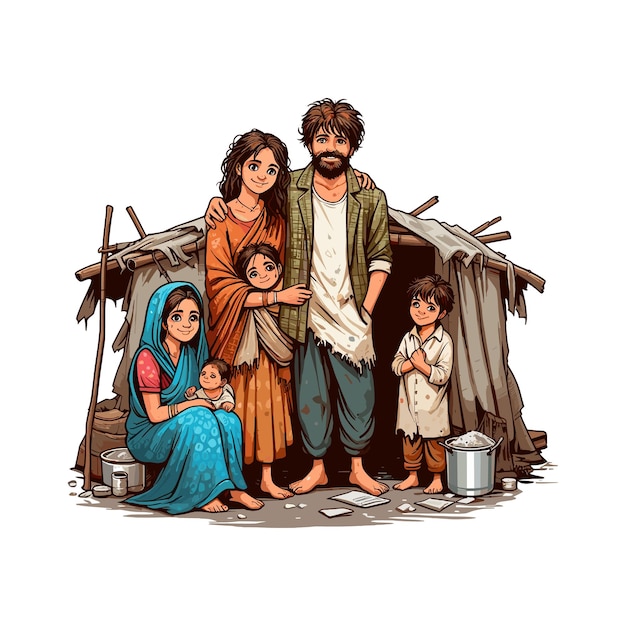 een tekening van een gezin voor een hut met een foto van een man en kind
