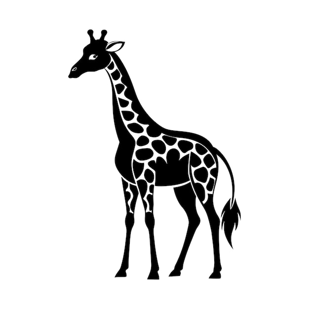 een tekening van een giraf met een zwarte staart en een witte achtergrond