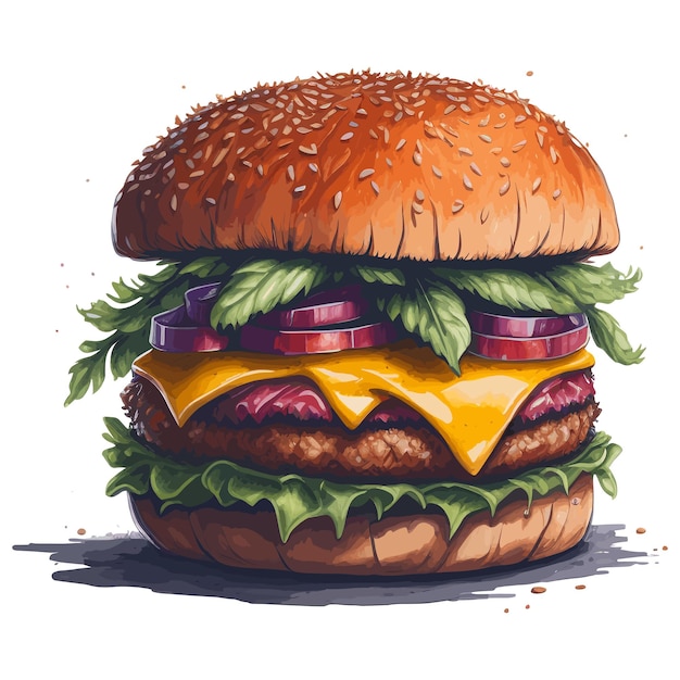 Een tekening van een hamburger met kaas, sla en sla erop.