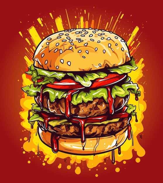 Vector een tekening van een hamburger met tomatensaus en ketchup