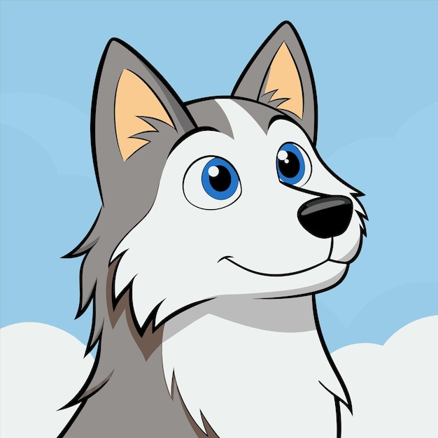 een tekening van een hond met blauwe ogen en een blauwe achtergrond