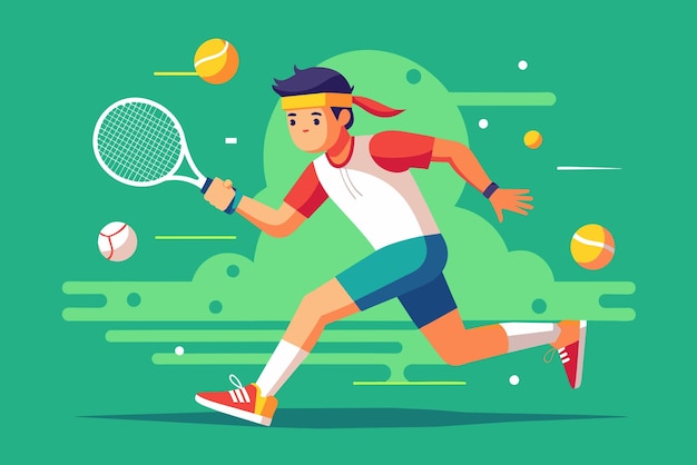 een tekening van een jongen die tennis speelt met een bal en een blauwe achtergrond