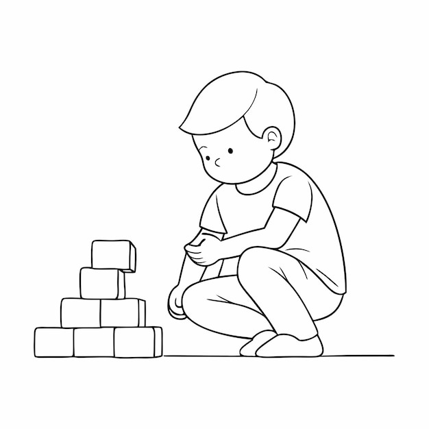 een tekening van een jongen met een potlood en bakstenen