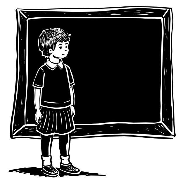 Vector een tekening van een jongen voor een bord met een foto van een jongens die er voor staat