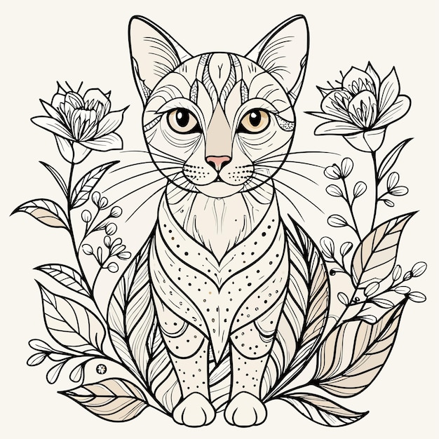Vector een tekening van een kat met bloemen en een foto van een kat