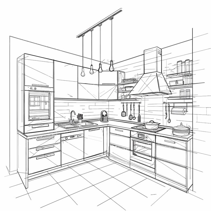 een tekening van een keuken met een zwart-witte tekening van de keuken