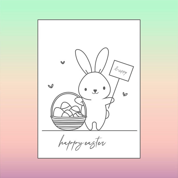 een tekening van een konijn die een mandje met eieren vasthoudt met een bord dat zegt "gelukkige paas"