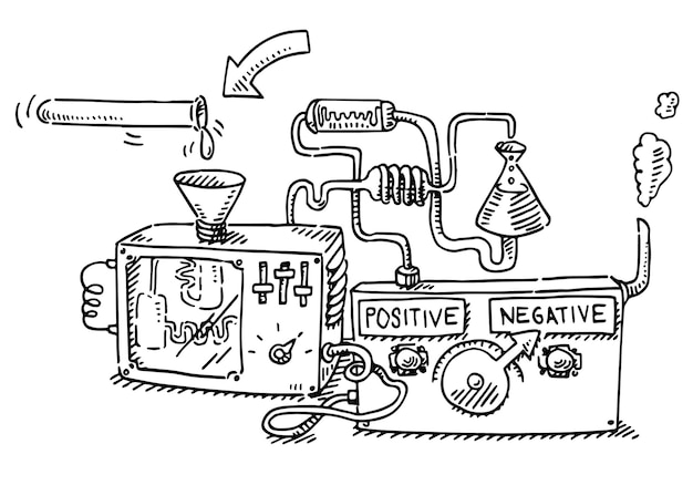 een tekening van een machine met het woord negatief erop